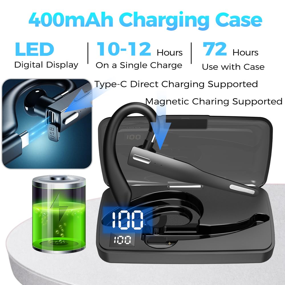epekops AI Bluetooth Headset Wireless Bluetooth Headphone Earphone Earpiece with Translation, Noise Cancelling, Last 72H, Single-Ear Earbuds