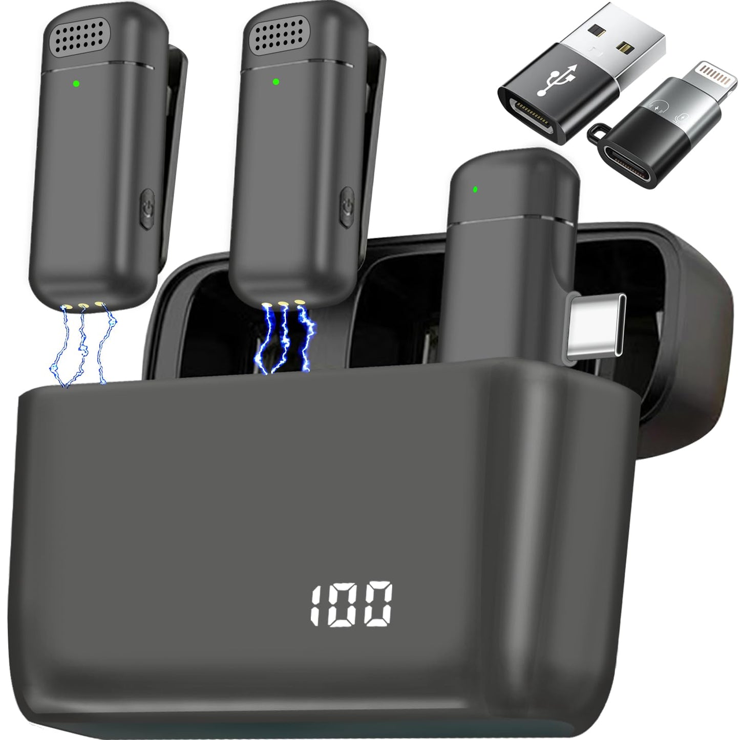 2 Pcs 3 in 1 Wireless Lavalier Microphones for iPhone iPad USB C Android Laptop with Charging Case, Clip on Lapel Mic Plug-Play Cordless Mini Mic for