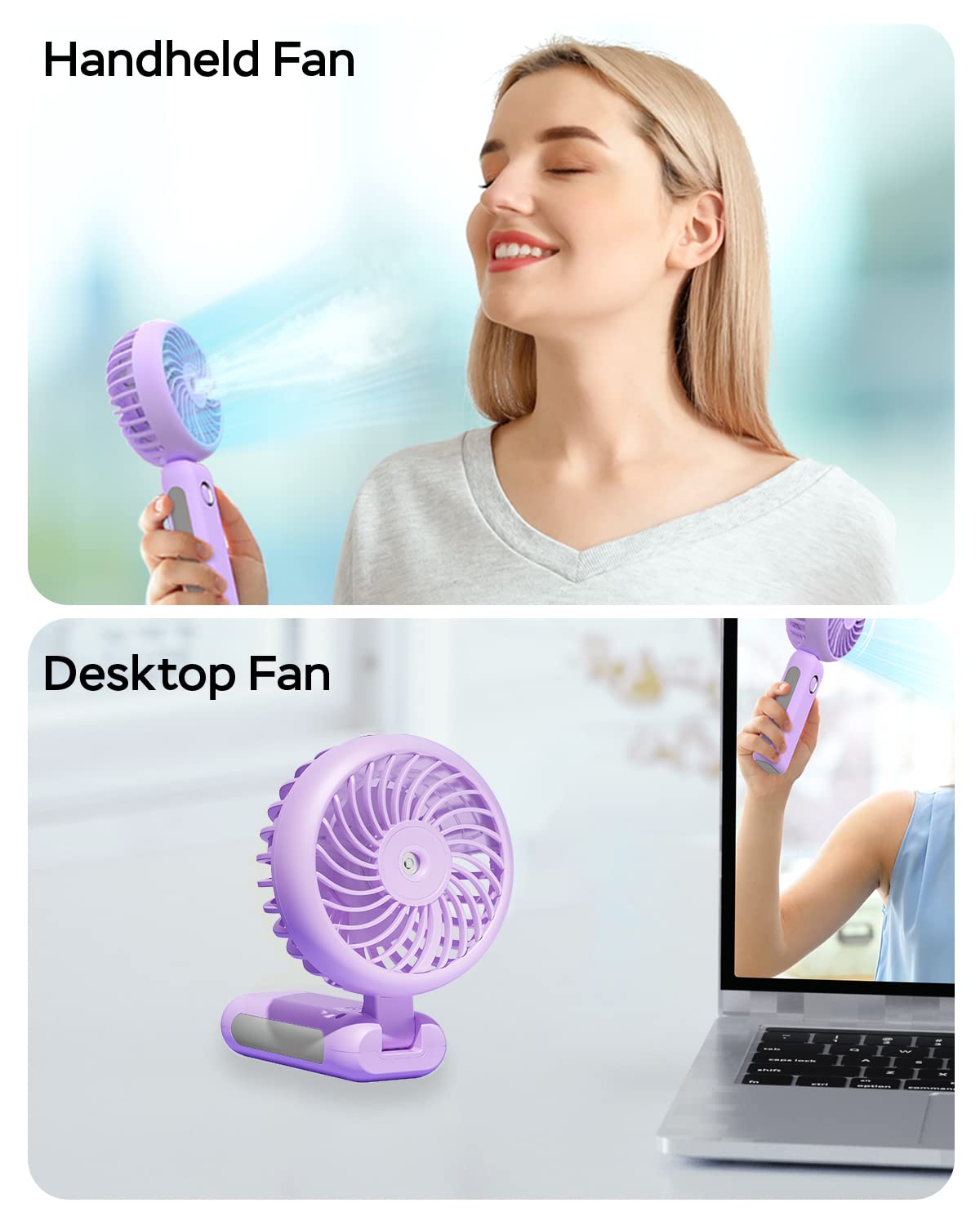 RNKRUN Portable Handheld Misting Fan, USB Rechargeable, Foldable with Water Tank, 3 Speeds, for Travel and Outdoors (purple)