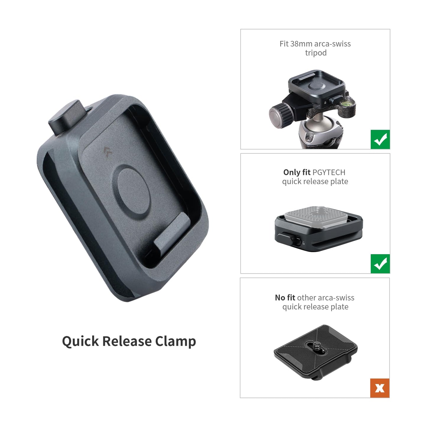 PGYTECH Quick Release Plate Clamp, with 1/4" and 3/8" Threaded Holes, Arca Swiss Interface, Suitable for Photo Cameras, Tripods, Gimbals