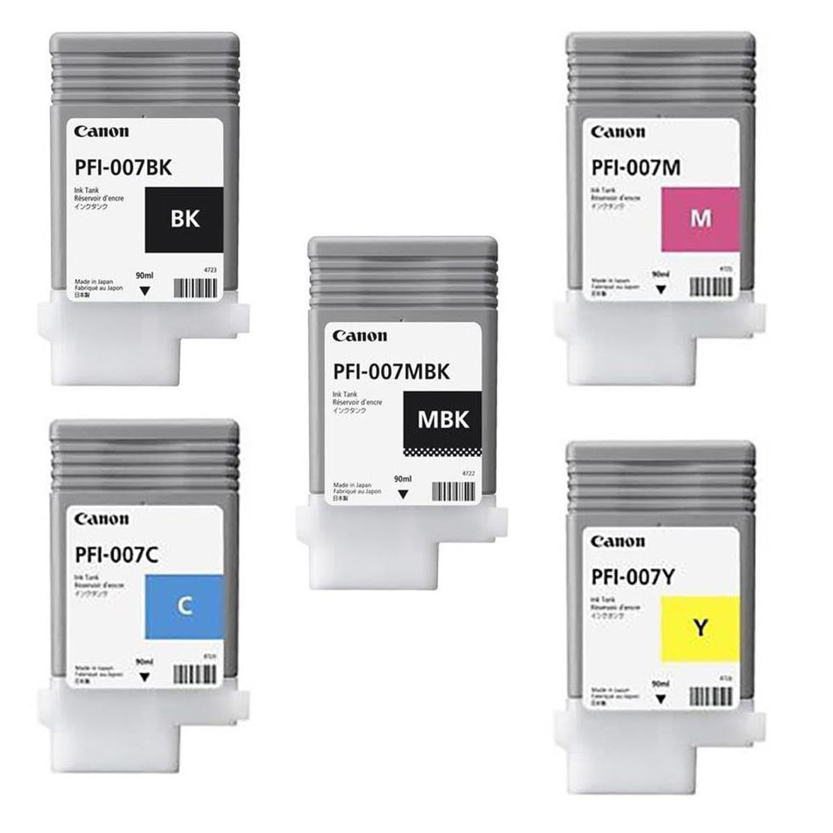 Canon 90ml Dye Ink Tank Bundle for imagePROGRAF iPF670E Printer, Consists of PFI007BK Black, PFI007C Cyan, PFI007M Magenta, PFI007MBK Matte Black