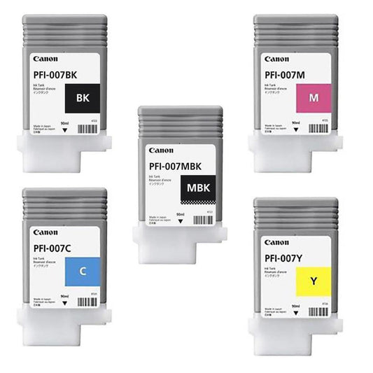 Canon 90ml Dye Ink Tank Bundle for imagePROGRAF iPF670E Printer, Consists of PFI007BK Black, PFI007C Cyan, PFI007M Magenta, PFI007MBK Matte Black