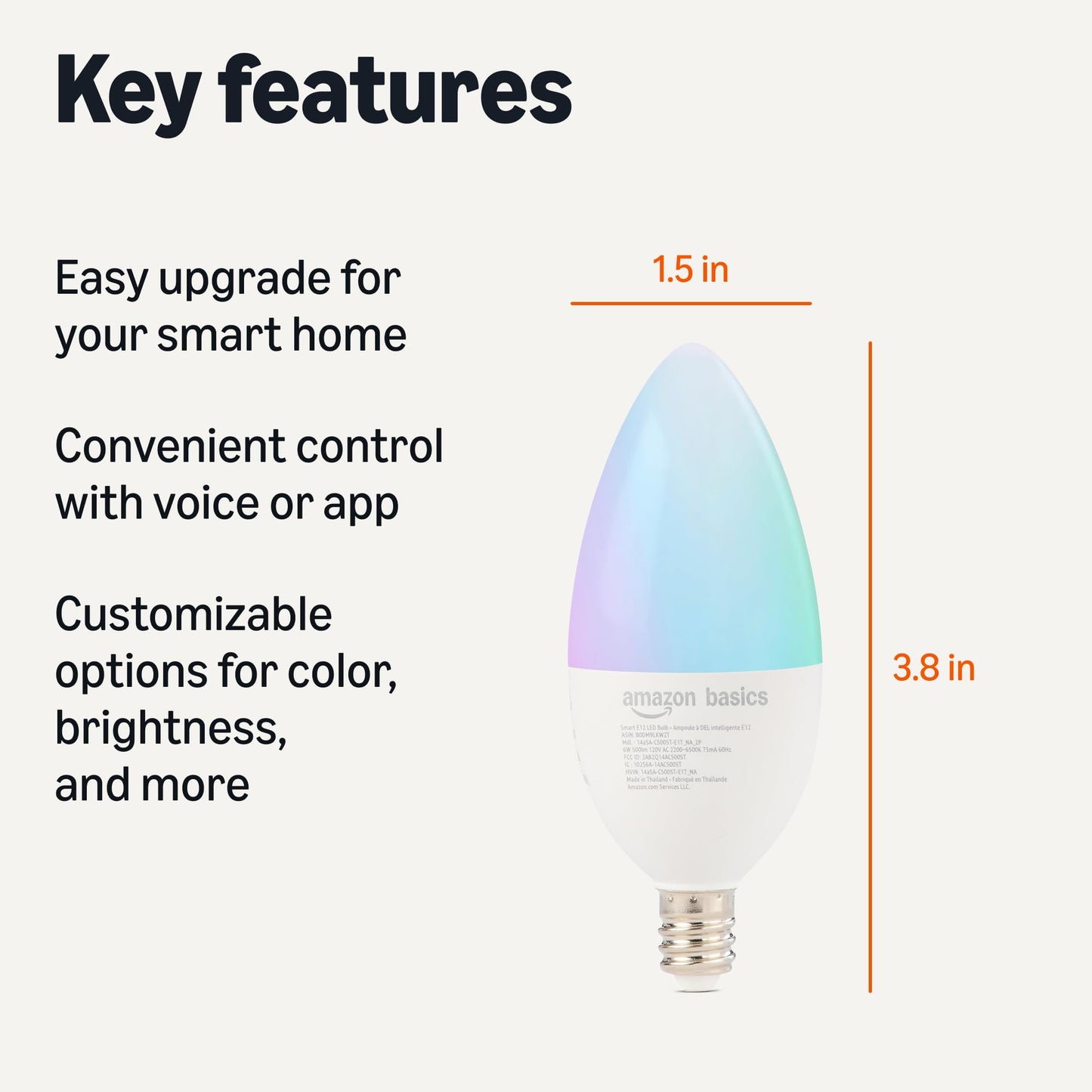 Amazon Basics Smart E12 LED Bulb, 6.0 Watts, 2.4 GHz Wi-Fi only, Works with Alexa Only, 2 Pack, Multicolor