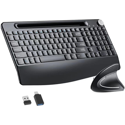 Sksyloo Full-Size Ergonomic Keyboard and Mouse, 2.4GHz Wireless Keyboard and vertical Mouse with Tablet Phone Holder, Wrist Rest for Computer Mac PC