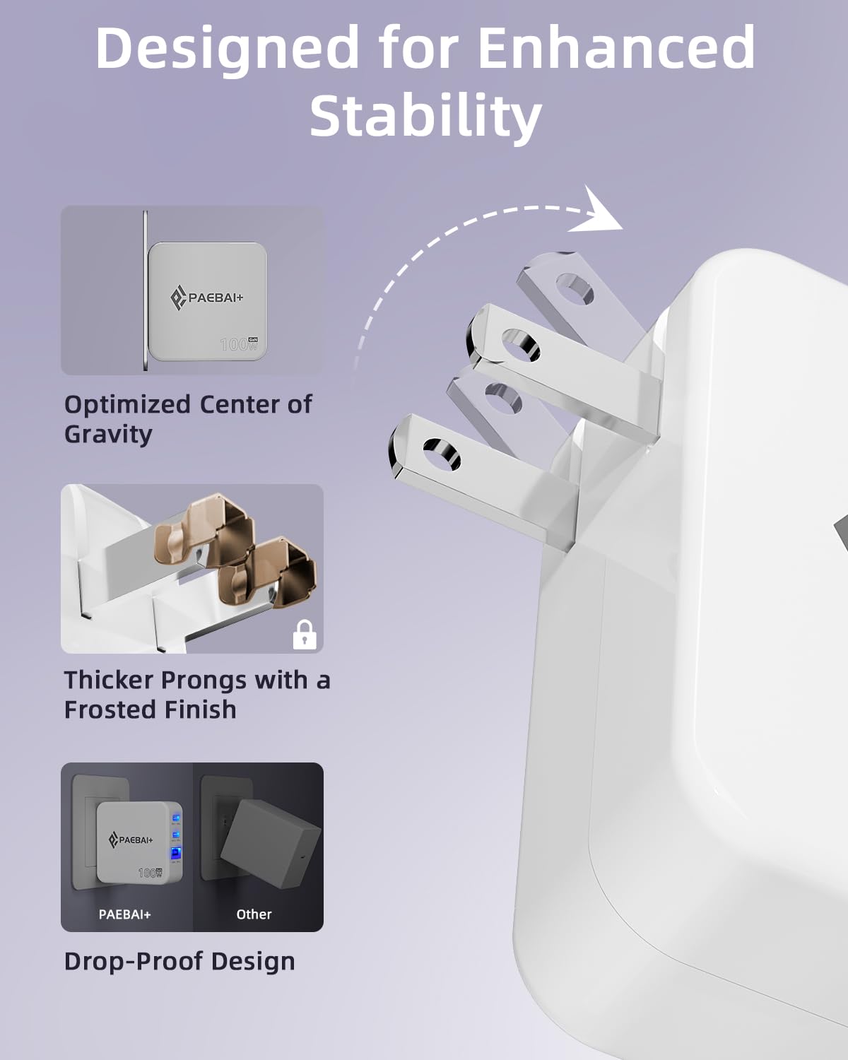PAEBAI+ 100W USB C Charger Block, 3 Port GaN Foldable Compact Wall Fast Charger for MacBook, Dell XPS, iPhone 17 16 Series, Samsung Galaxy, iPad Pro