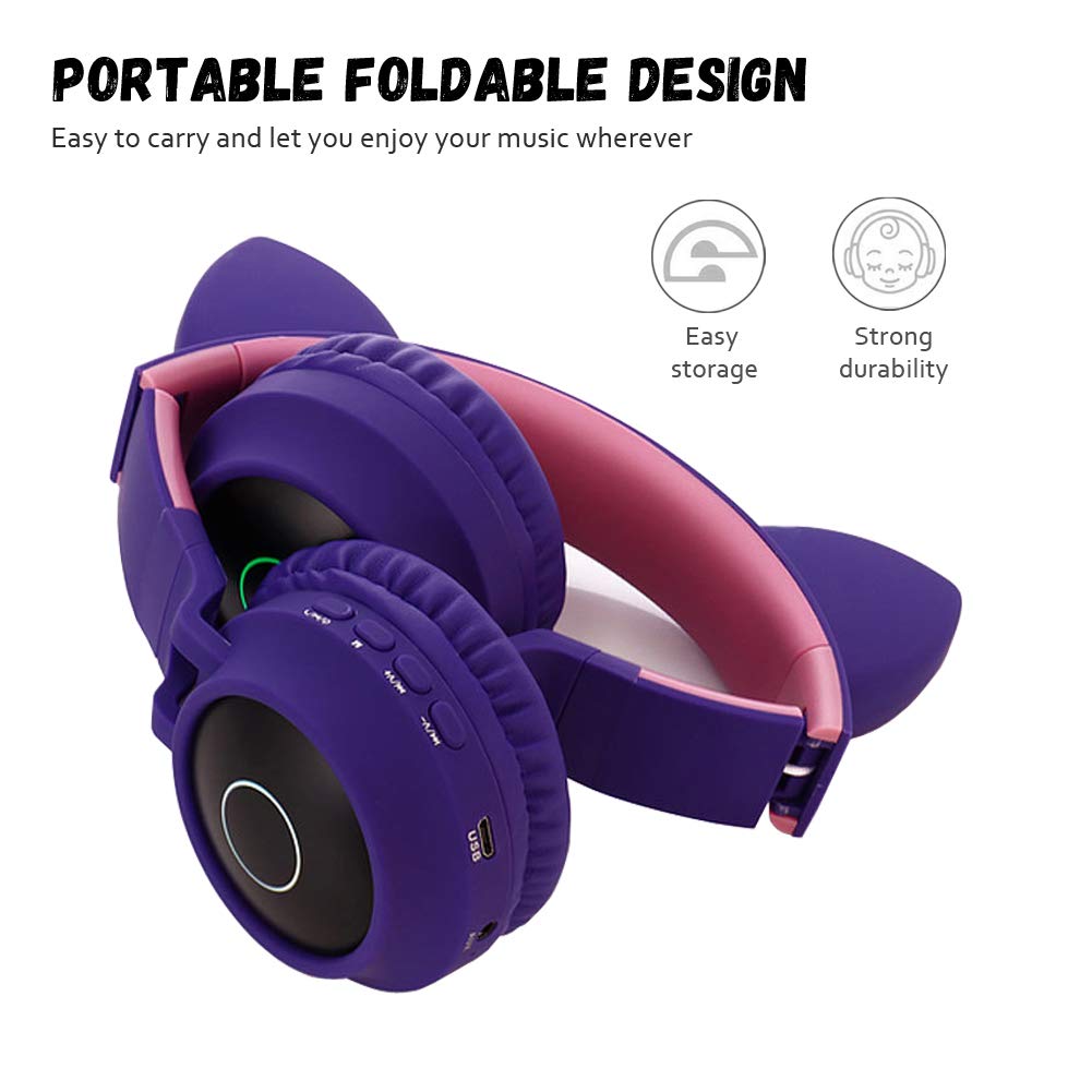 Kids Bluetooth 5.0 Cat Ear Headphones Foldable On-Ear Stereo Wireless Headset with Mic LED Light and Volume Control Support FM Radio/TF Card/Aux…