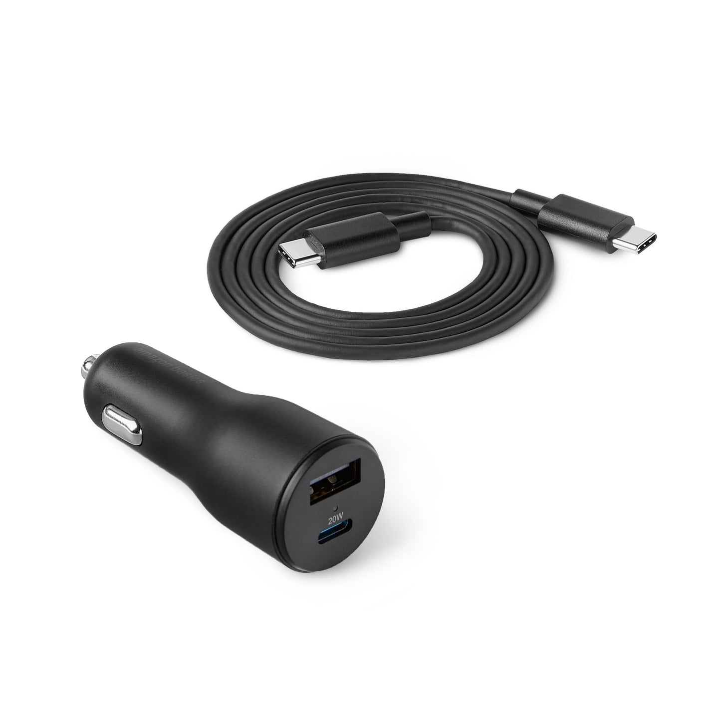 Amazon Basics Fast-Charging Car Charger, 1 USB-C (20W) + 1 USB-A (12W), 32W, with 3-Ft Cable, Black