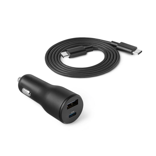 Amazon Basics Fast-Charging Car Charger, 1 USB-C (20W) + 1 USB-A (12W), 32W, with 3-Ft Cable, Black