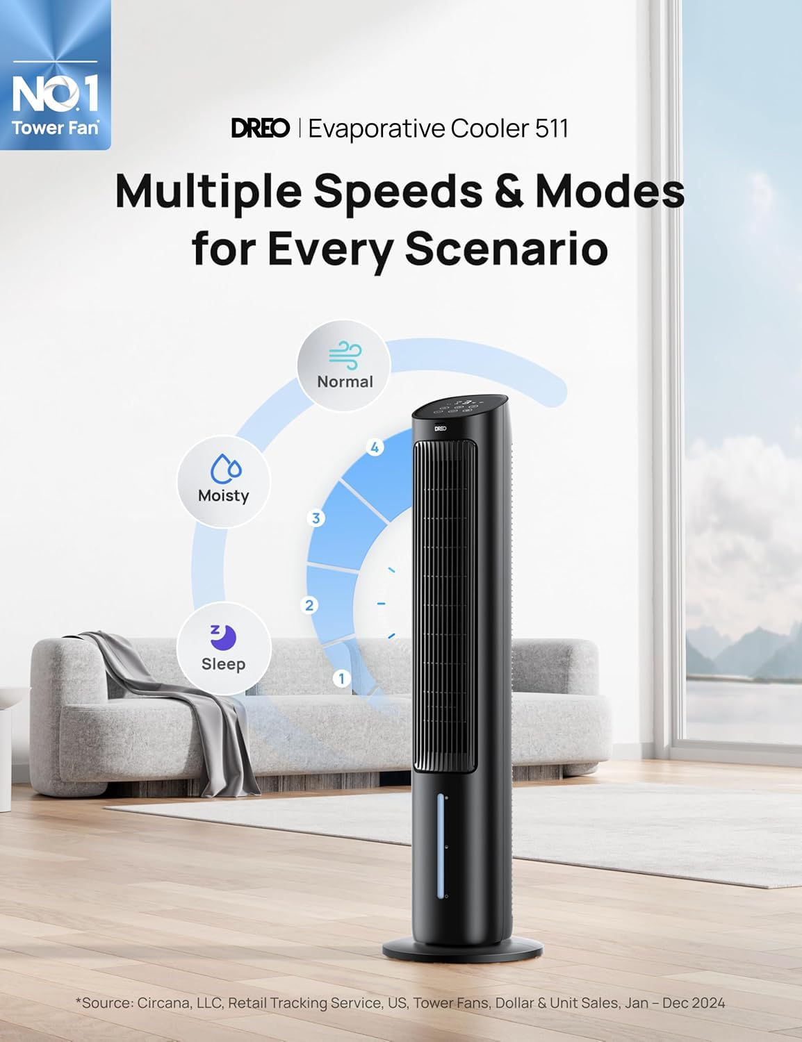 DREO Tower Fan for Bedroom, 40" Evaporative Air Cooler, Cooling Fans That Blow Cold Air with 80° Oscillating, Removable Water Tank, 3 Modes 4-Speed