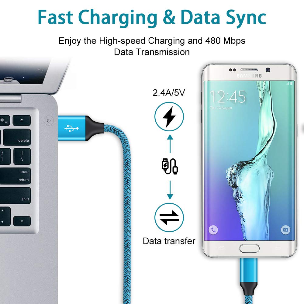 Android Charger Fast Charging Micro USB Cable, 6FT Nylon Micro Cord Wall Charger Block, AbcPow 2.1A Power Adapter with Phone Cord Compatible