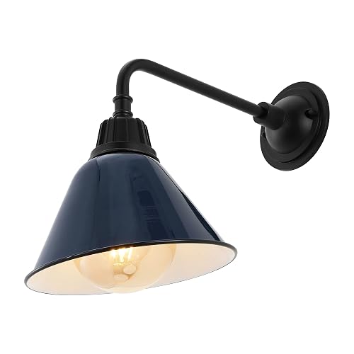 JONATHAN Y 9.63" Navy/Black 1-Light Farmhouse Outdoor Sconce, Industrial LED Wall Light, Gooseneck Arm Barn Lamp with Metal Bell Shade for Porch