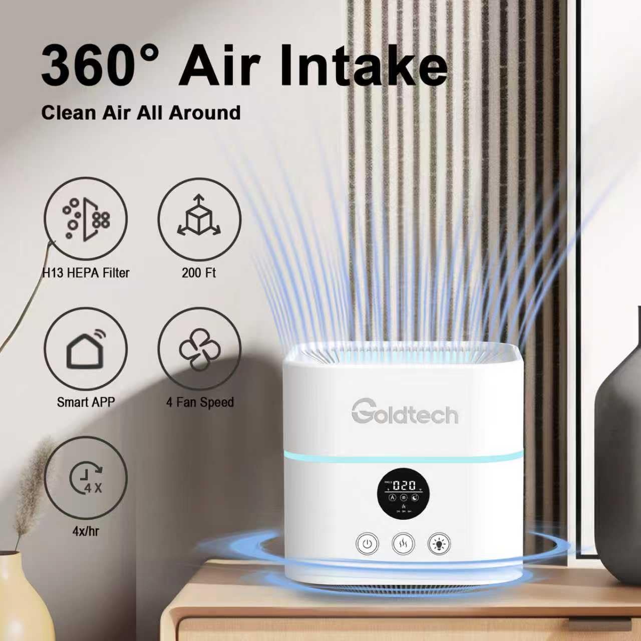 Goldtech Air Purifier and Humidifier Combo for Bedroom Up to 200Ft²,H13 True HEPA Filter Desk Air Purifiers with Smart WiFi,500ML Water Tank,LED