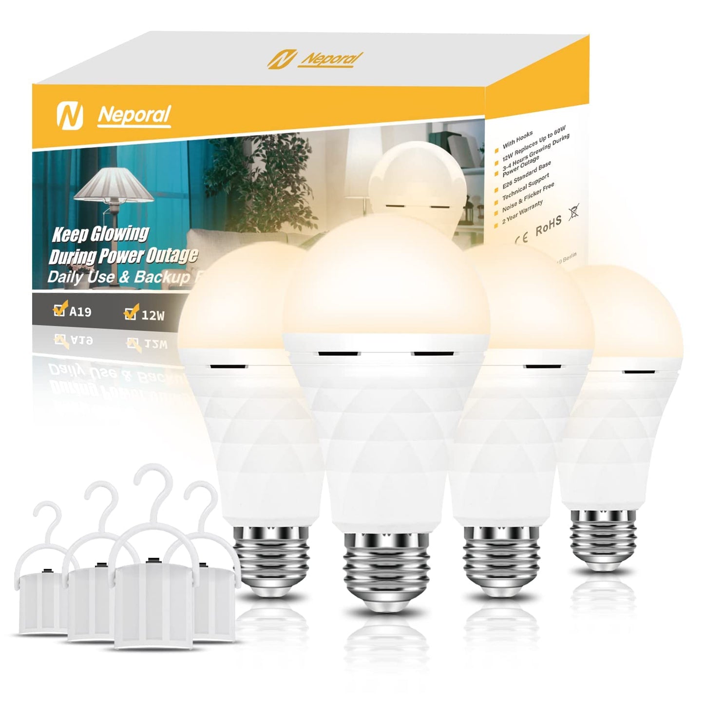 Neporal A19 Rechargeable Light Bulbs, Socket Rechargeable Emergency Light Bulb for Power Failure, Battery Backup Bulbs for Home, Hurricane, Led Bulb