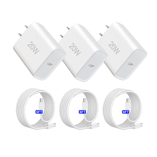 20W Type C Charger, USB C Charger Wall Plug with 6FT Charging Cable Cord Compatible for iPhone DUO/18/17/16/15 Series