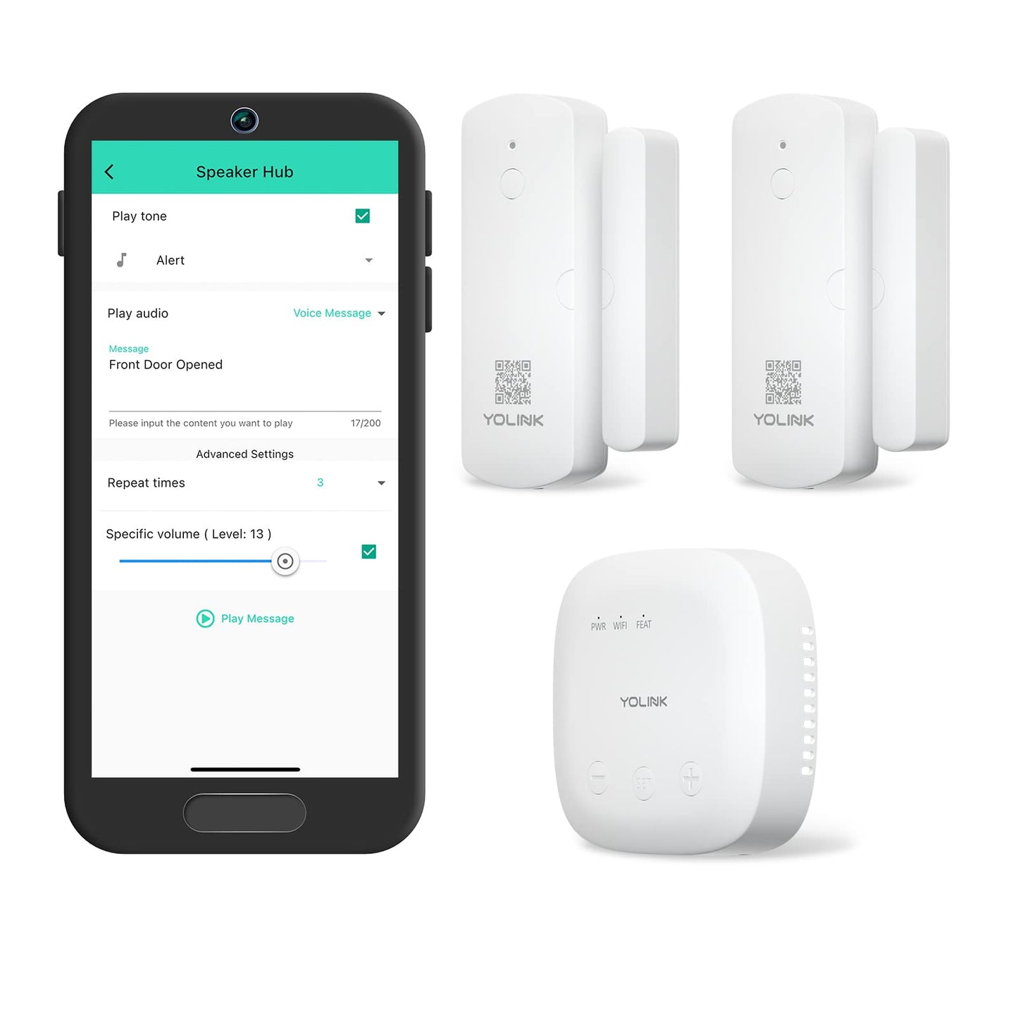 YoLink LoRa Smart Door Sensor Starter Kit: SpeakerHub Audio Hub & 2 Door Sensors - Up to 1/4 Mile Range, Door Left-Open Reminders, up to 5 Year