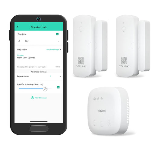 YoLink LoRa Smart Door Sensor Starter Kit: SpeakerHub Audio Hub & 2 Door Sensors - Up to 1/4 Mile Range, Door Left-Open Reminders, up to 5 Year
