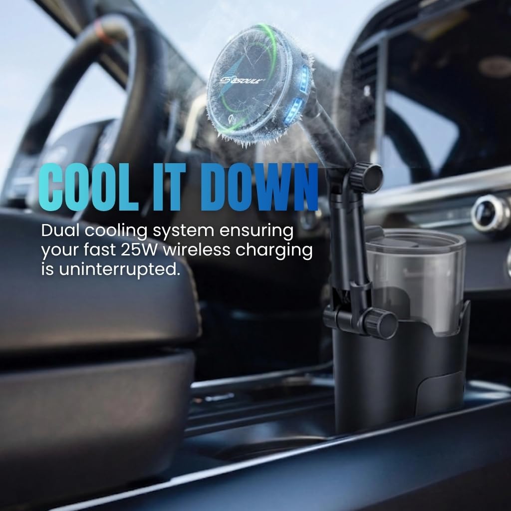 Esoulk [2026 Upgraded] Qi2 25W Fast Wireless Car Charger with Cooling Fan, Cup Holder Phone Mount with Adjustable Long Arm, Magnetic Fast Charging