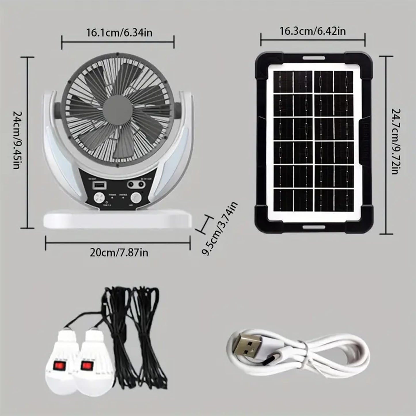 Camping Fan with Solar Panel, Rechargeable Battery Powered Tent Fan with LED Light & Bulbs, Portable Desk Fan for Outdoor Camping, Fishing, Hurricane