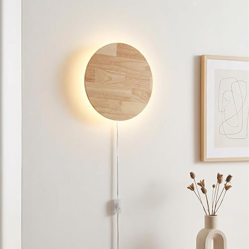 Modern Minimalist Plug-in LED Wall Sconce, 11.8'' Round Solid Wood Backlit Wall Lamp, Plug-in/Hardwired Option Wall Light Fixture for Bedroom, Living