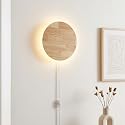 Modern Minimalist Plug-in LED Wall Sconce, 11.8'' Round Solid Wood Backlit Wall Lamp, Plug-in/Hardwired Option Wall Light Fixture for Bedroom, Living