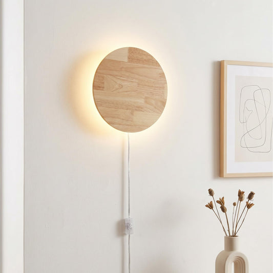 Modern Minimalist Plug-in LED Wall Sconce, 11.8'' Round Solid Wood Backlit Wall Lamp, Plug-in/Hardwired Option Wall Light Fixture for Bedroom, Living