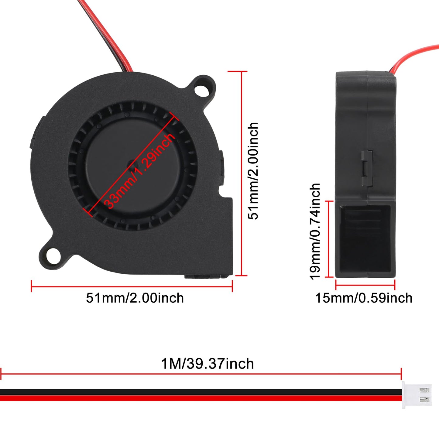 4pcs 50mm 5015 Blower Fan 24V Fans Blower Turbine Turbo Dual Ball Bearing, 1000mm/39in Cable Brushless Cooling 50mmx15mm 2PIN for 3D Printer Hotend