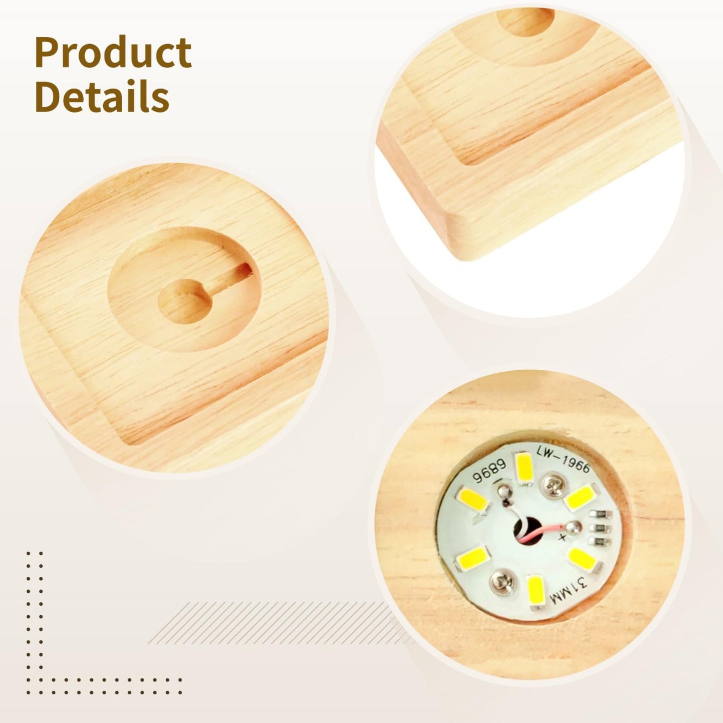 Toyosport 4 Pcs Square LED Light Bases with Wooden Stands, USB Powered, 6 LED Bulbs, 3D Crystal Display Light, Warm Glow, Set for Acrylic, Glass