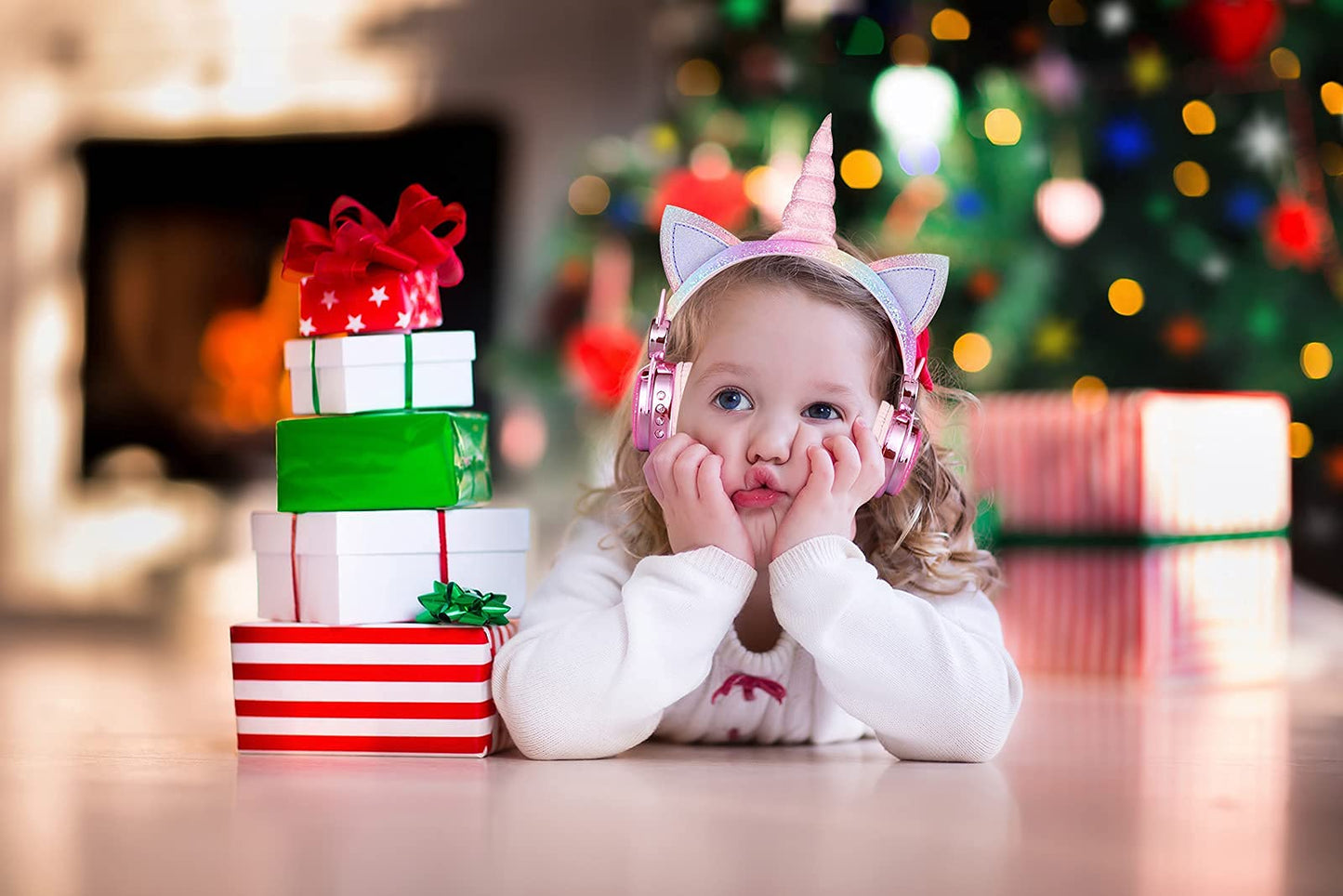 KORABA Kids Wireless Headphones for Girls Children Teens, LED Light Up Bluetooth Unicorn Headphones with Microphone for School/Xmas/Online…