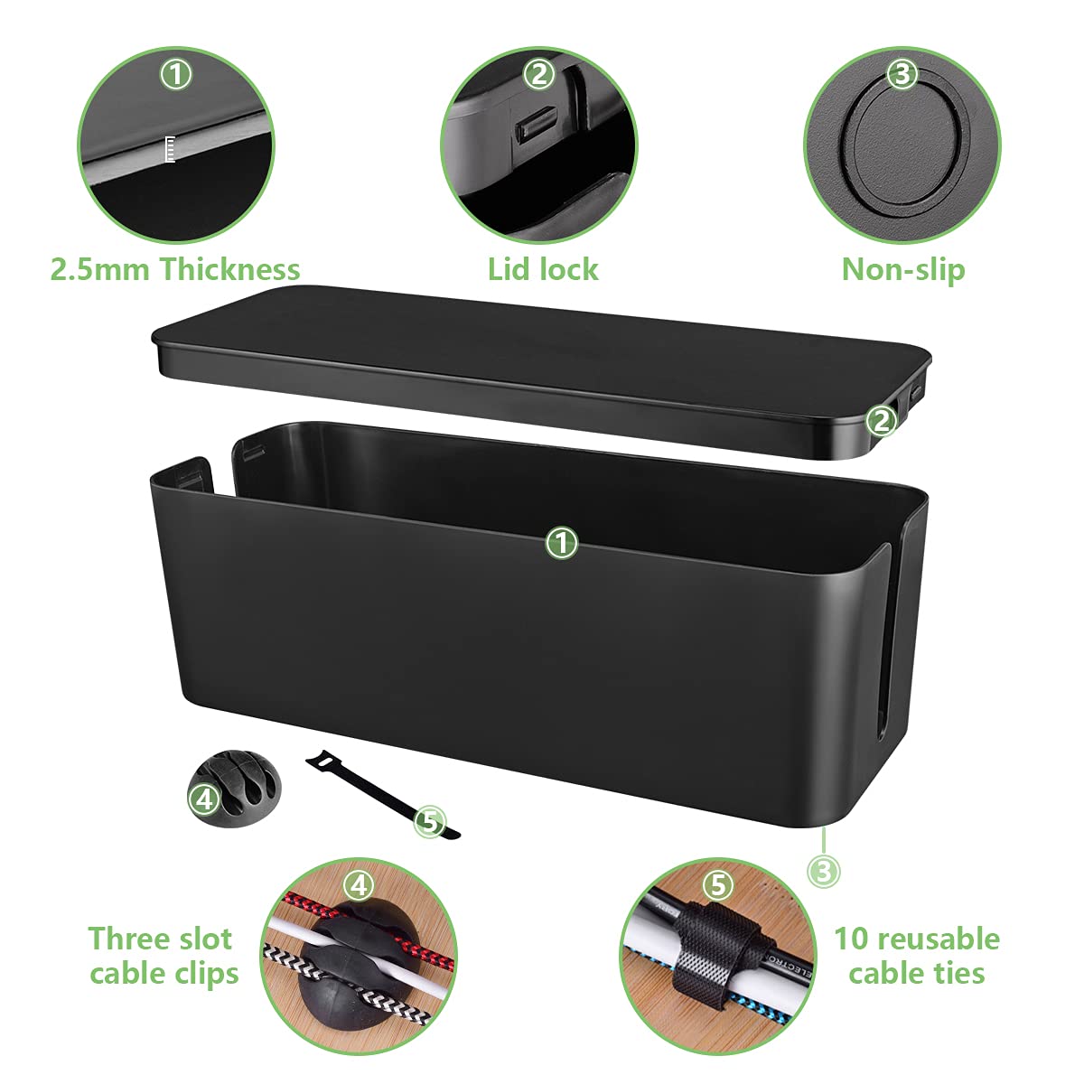 Cable Management Box, Large Cord Organizer Box to Hide Power Strip & Under Desk,TV Computer Wires Cable Organizer Hider Box with Cable Clips&Reusable