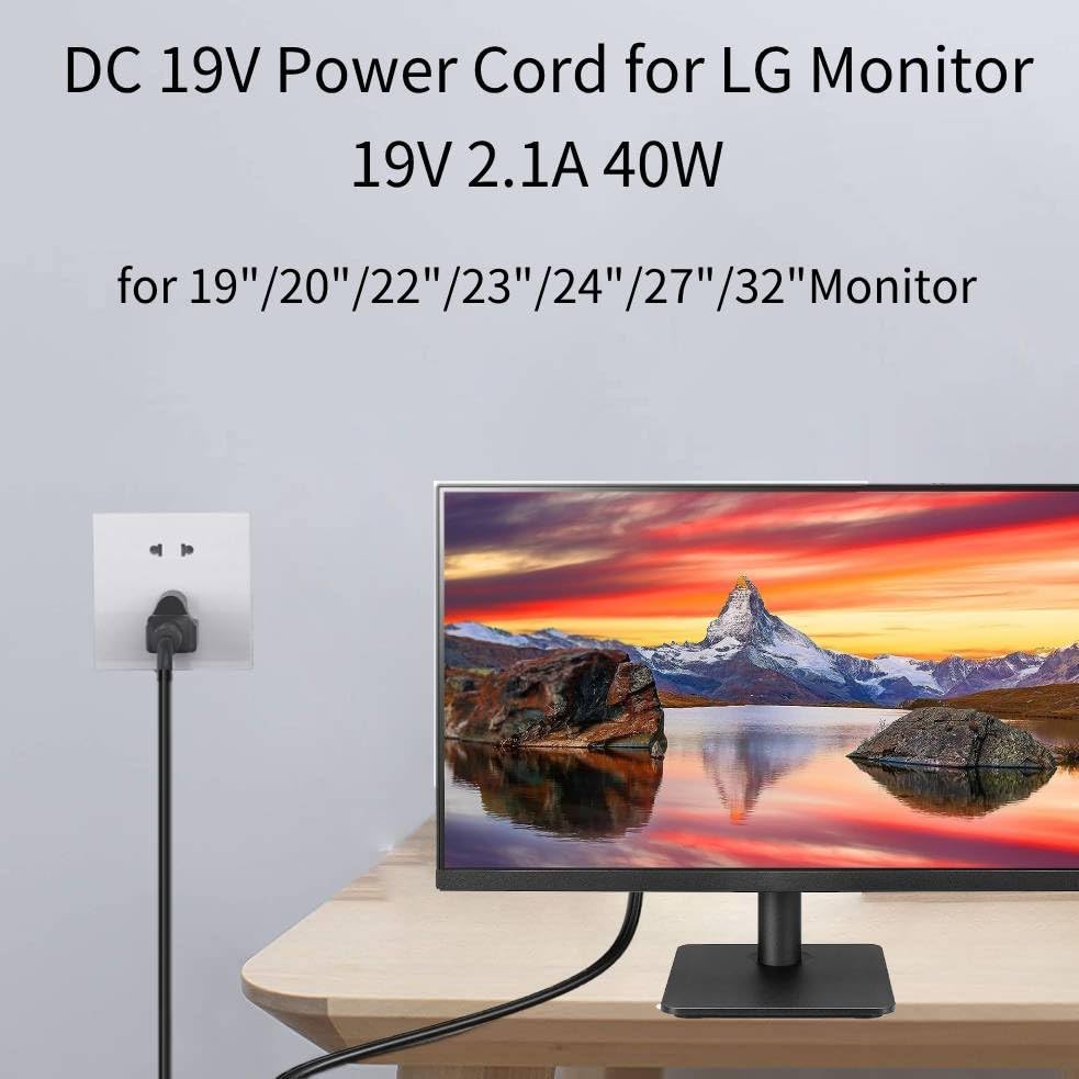 DC 19V Power Cord for LG Monitor, 6.6FT DC in Power Supply (for LG 32" 27" 24" 23" 22" 20" 19" Monitor/Ultrawide)