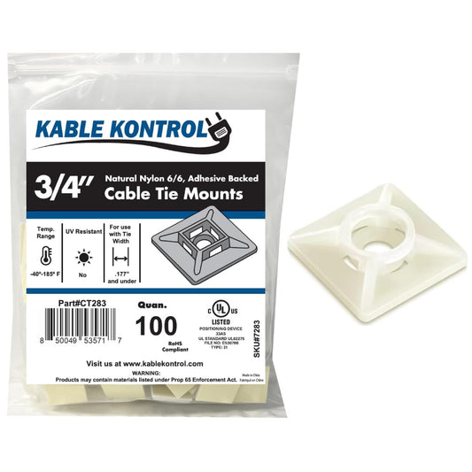 Kable Kontrol Zip Tie Mounts, 3/4” Sq, Natural White, 100 Pcs, Adhesive Backed Multi-Purpose Mounting Squares Nylon Cable Tie Wrap Anchor Pads