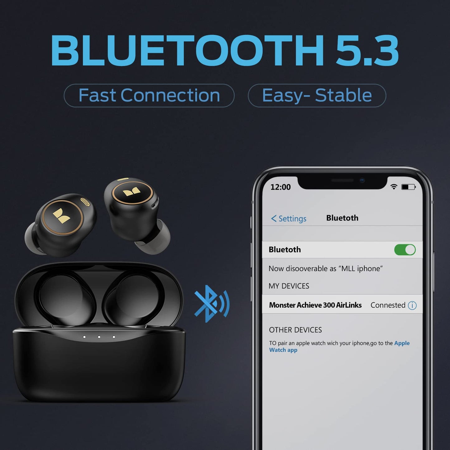 Monster Achieve 300 AirLinks Wireless Earbuds, Bluetooth 5.3 in-Ear Headphones with Charging Case, Stereo Headphones, 32H Playtime Touch Control…