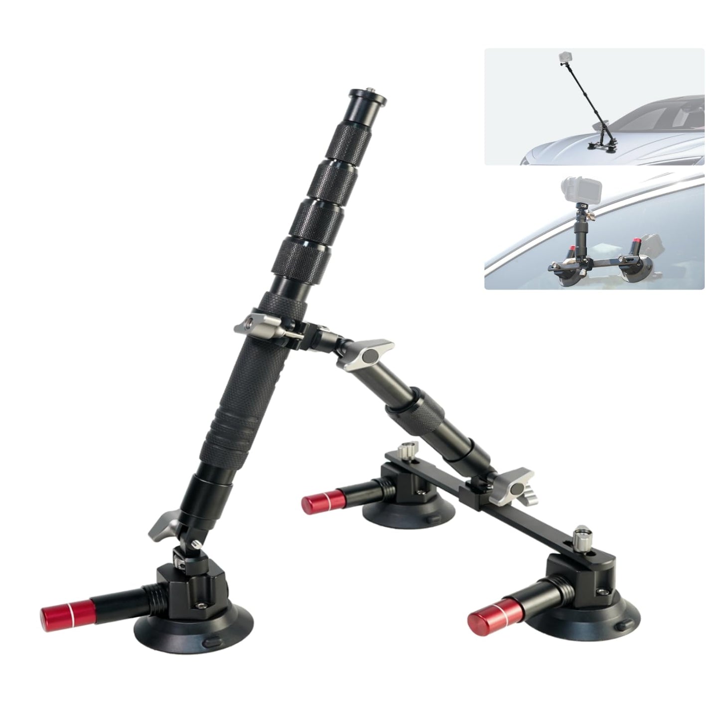 FIFIELD Triple Suction Cup Car Mount Kit with 2in1 Selfie Stick, CNC Machined Quick Release Adjustable Extension Mount for Windshield Dashboard Hood