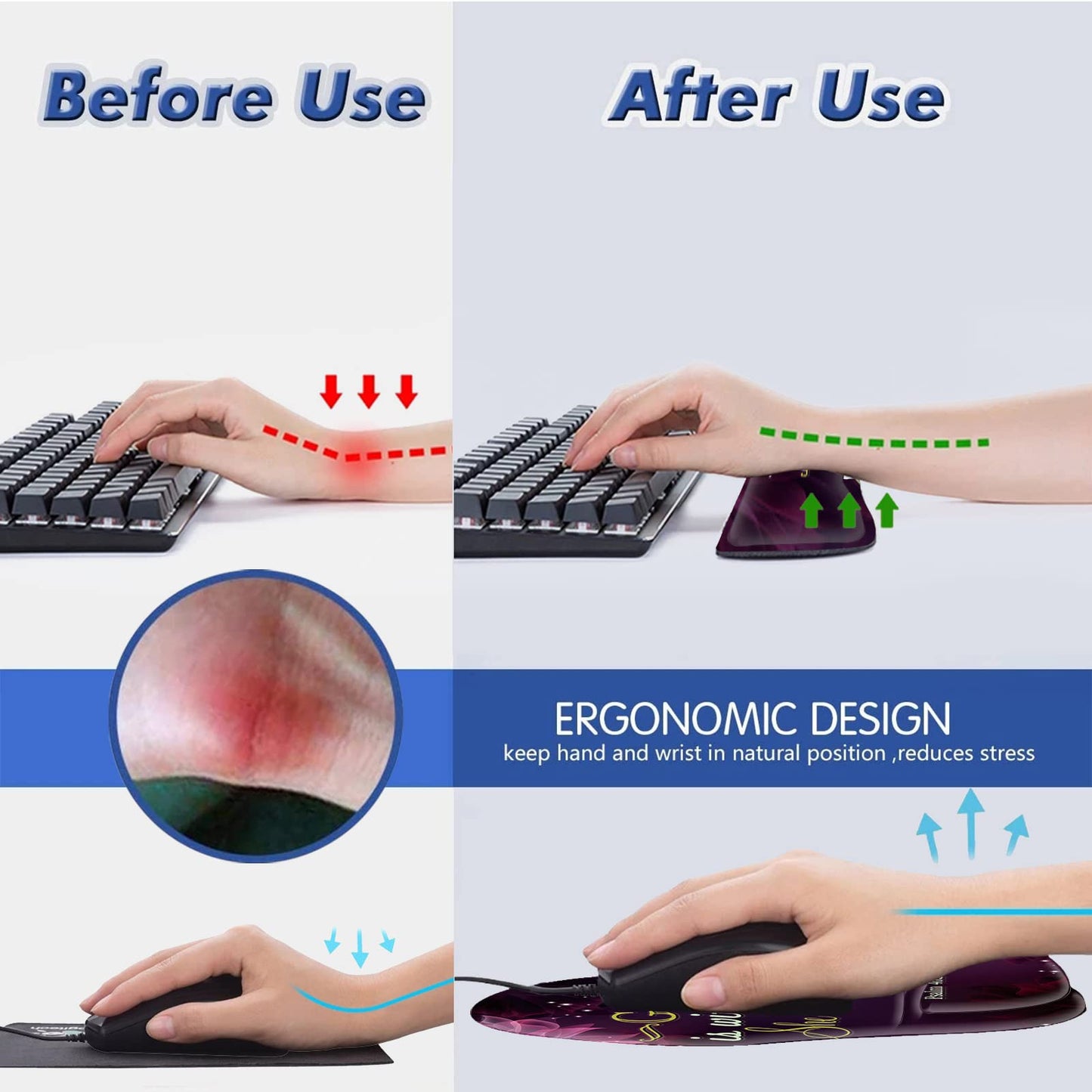 CUISHAN Ergonomic Gel Mouse Wrist Rest Pad and Keyboard Pad Set,Anti-Slip PU Bottom Easy Typing and Relieve Wrist Pain with Cute Coaster Set (3-Quote