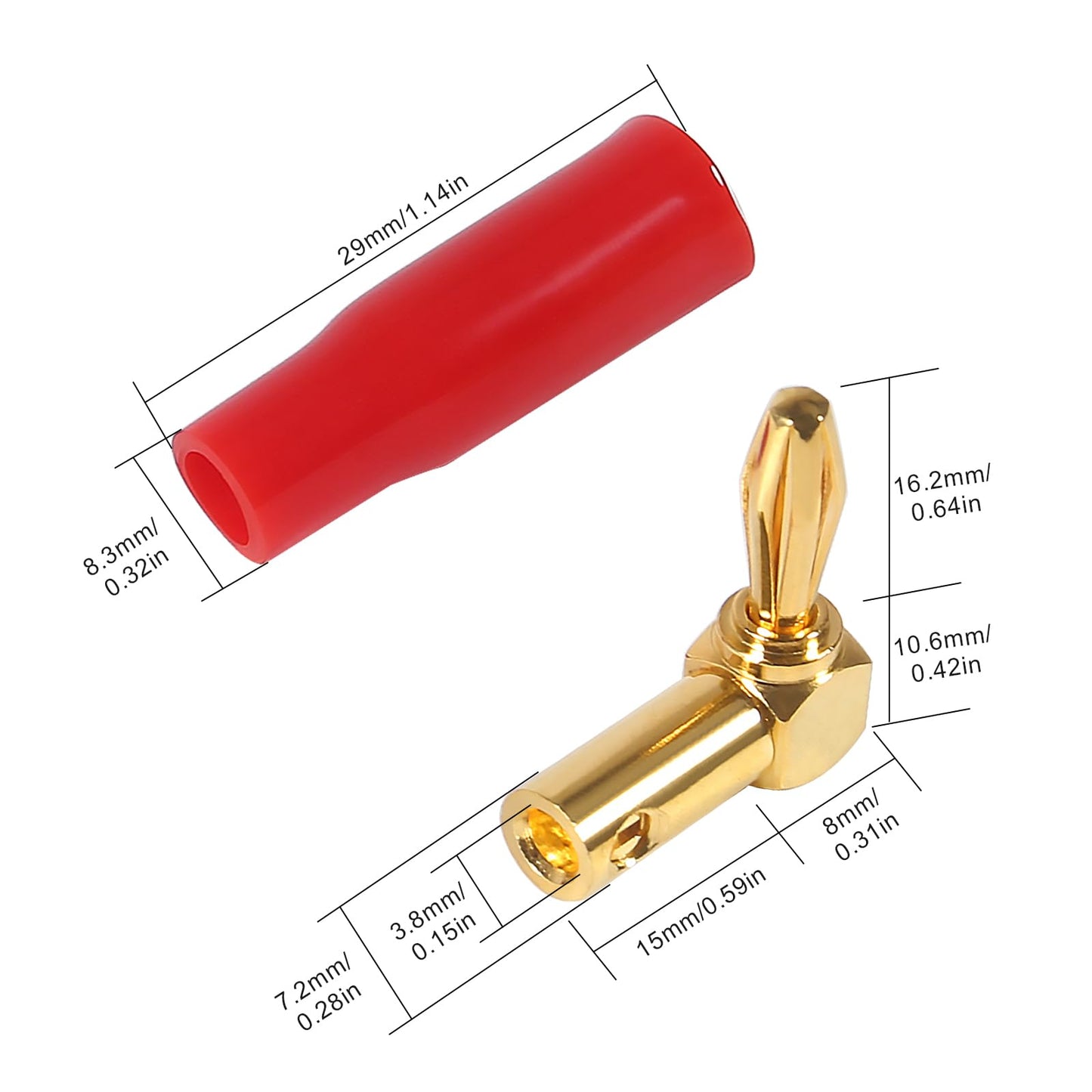JUZITAO 6 Pairs 4mm Speaker Banana Plugs Right Angle 24k Gold Plated 90 Degree Speaker Banana Connector(6 Pairs/12 Pcs)