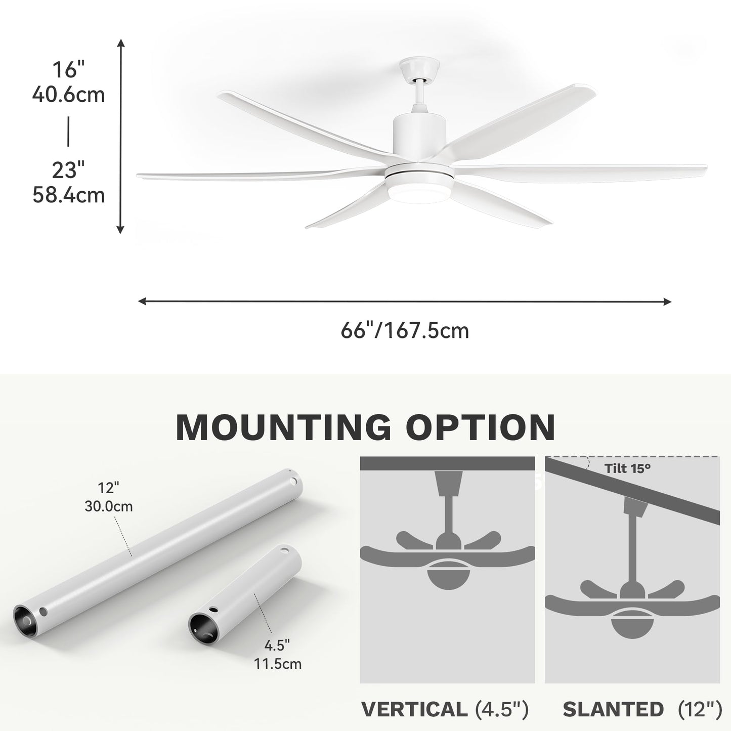 DWVO 66 inch Ceiling Fan with Lights, White