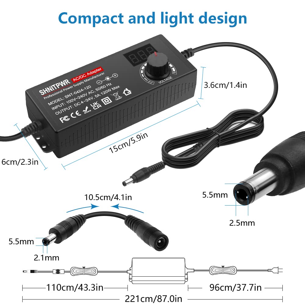 SHNITPWR AC Adapter 120W Universal Power Adapter 4V 5V 6V 9V 12V 15V 18V 19V 20V 24V Adjustable Switching Power Supply 100V~240V AC to DC 4V ~ 24V 5A…