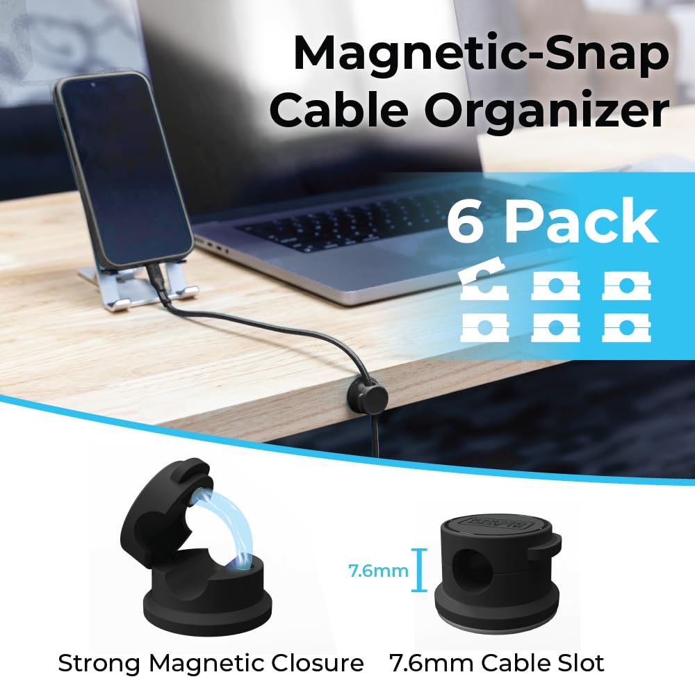 BLACK+DECKER Magnetic Cord Organizer Holder, 6 Pack Magnetic Cable Clips, Under Desk Cable Management, Strong Adhesive Cord Holder for Nightstand