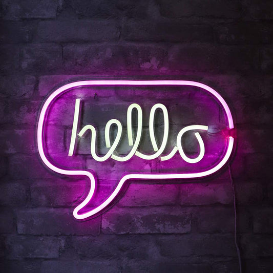 Isaac Jacobs 17” x 12” inch LED Neon ‘White & Pink “hello” Word Bubble’ Wall Sign for Cool Light, Wall Art, Bedroom Decorations, Home Accessories