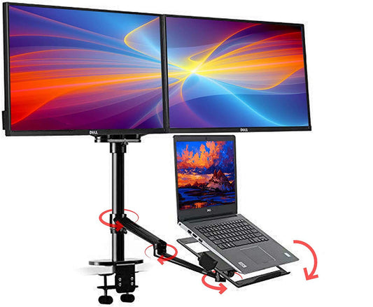 Height Adjustable Laptop Monitor Stand - Compatible with 13 to 17.3 inch Laptops, Holds 2 Monitors 11 to 27 inch with Vesa, Black