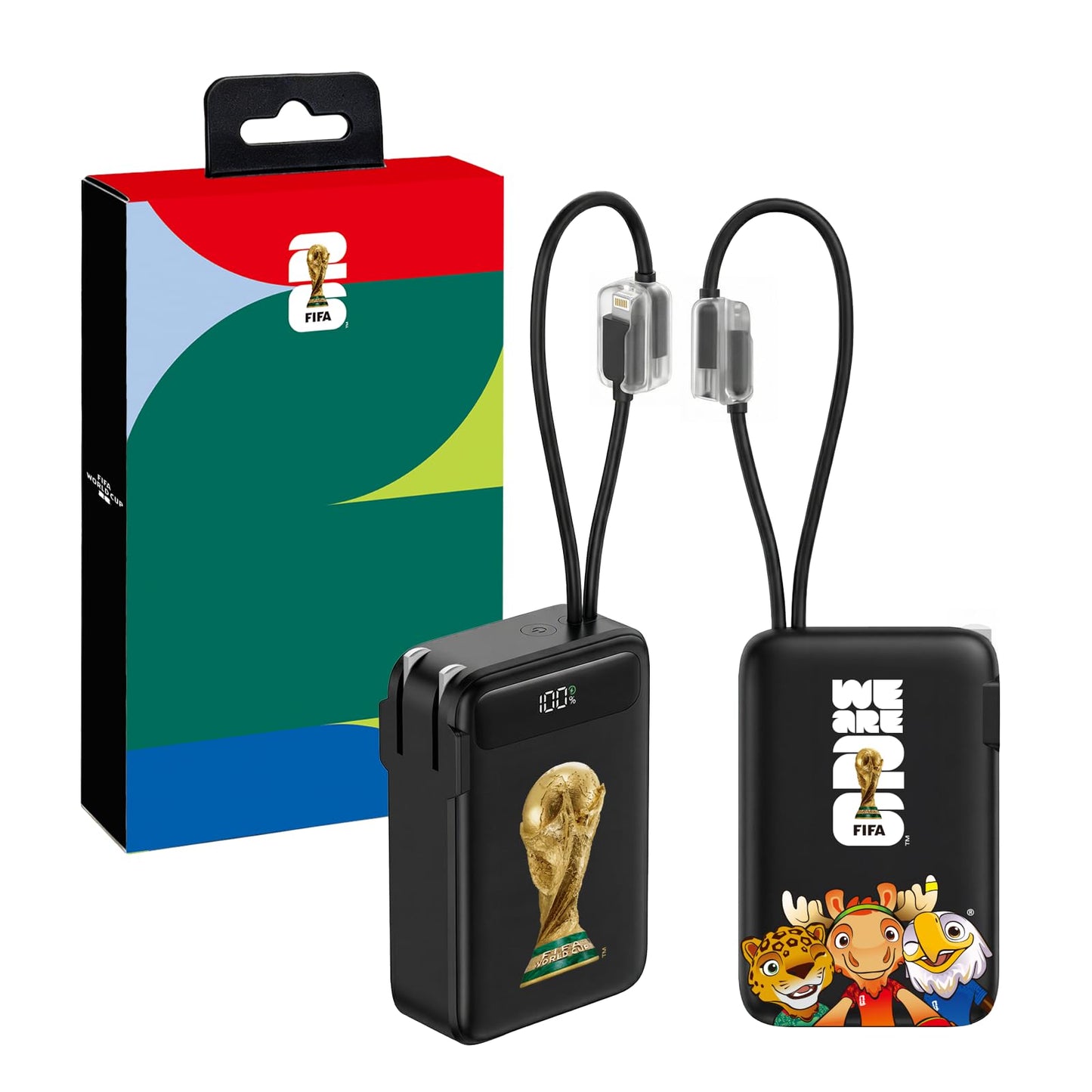 2026 FIFA Licensed Power Bank with Built-in Cable and Foldable Wall Plug, 22.5W 10000mAh Portable Charger, 3-in-1 Power Bank for iPhone 17/16/15