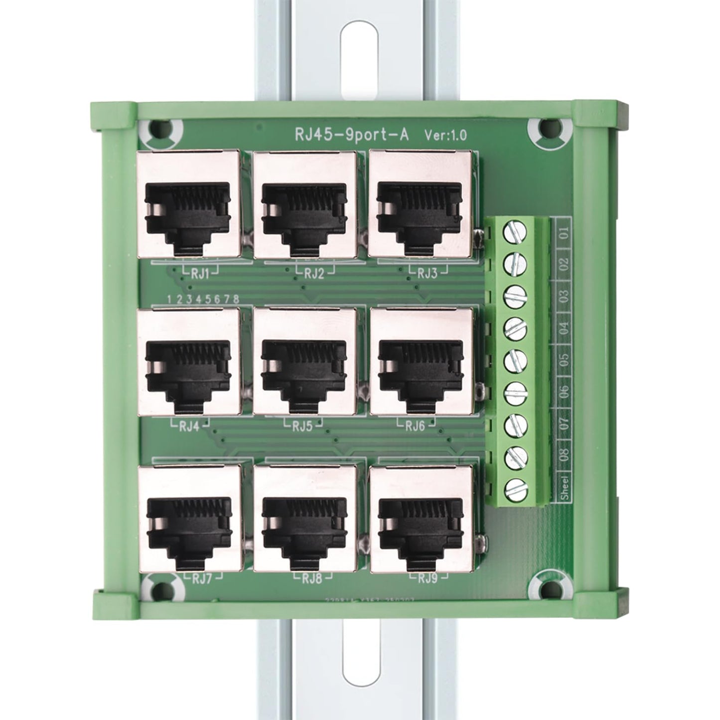 Jienk RJ45 8P8C 9-Way DIN Rail Mount Ethernet Connector Distribution Breakout Buss Board, RJ45 Vertical Jack Terminal Module