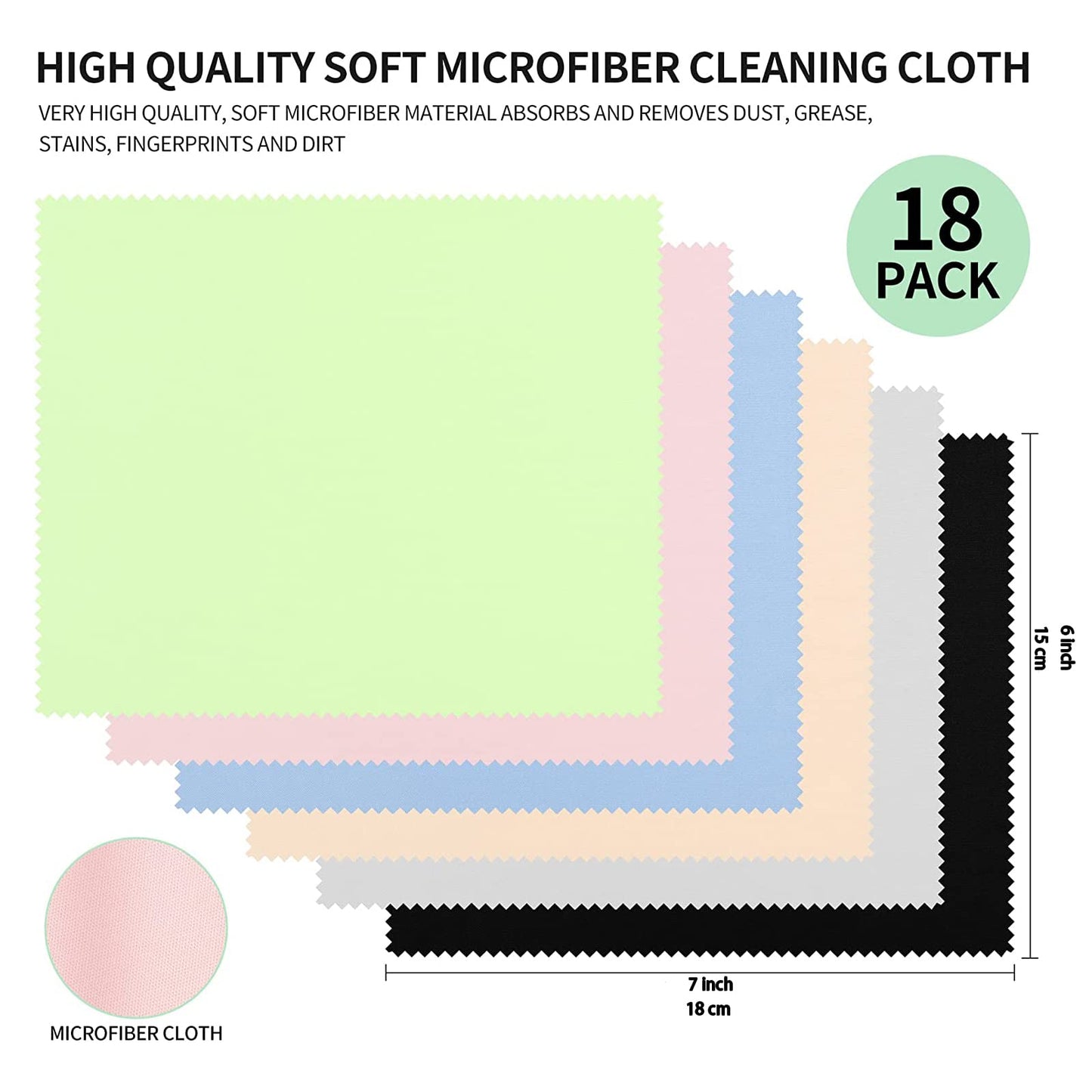 18 Pack Microfiber Cleaning Cloths (7" x 6") Multicolor Glasses Cleaning Cloth for Eyeglasses, Camera Lens, Cell Phones, Laptops, LCD TV Screens