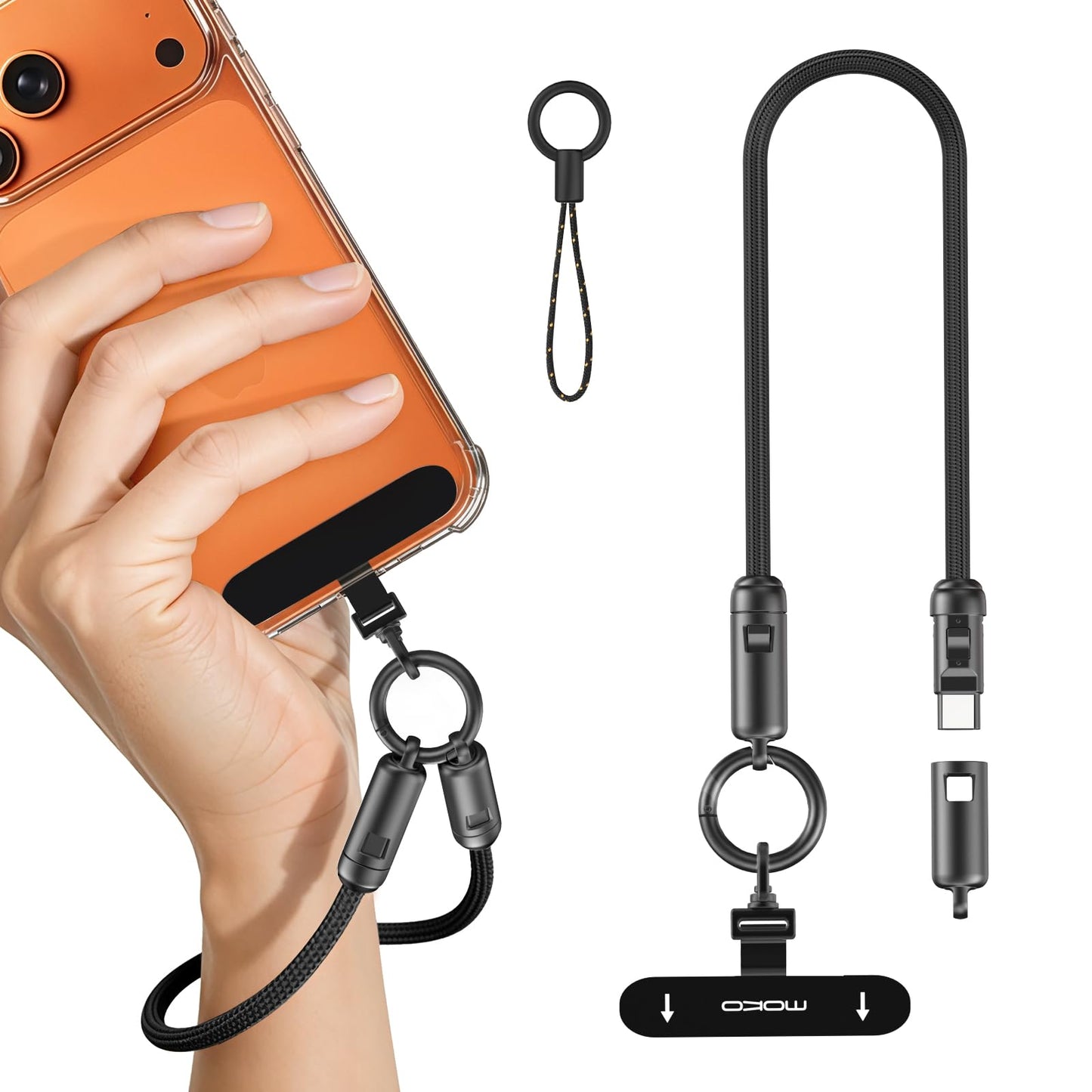 MoKo 2-in-1 Phone Wrist Lanyard USB C Cable, PD240W USB-C to USB-C Type-C Fast Charging Cable, Anti Theft Phone Strap with Metal 360° Tether Tab