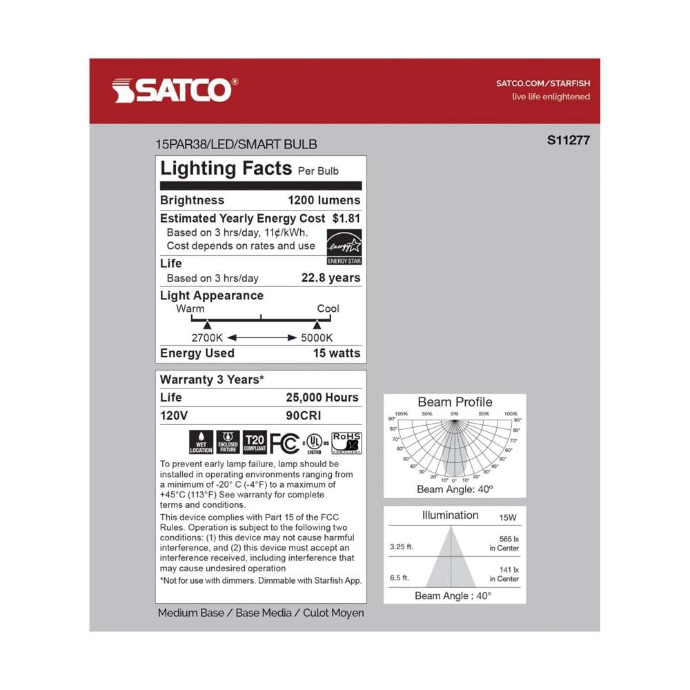 Satco S11277 Starfish WiFi-Control PAR38 LED Color-Changing and Tunable White Smart Light Bulb, 15 Watts, 2700K-5000K