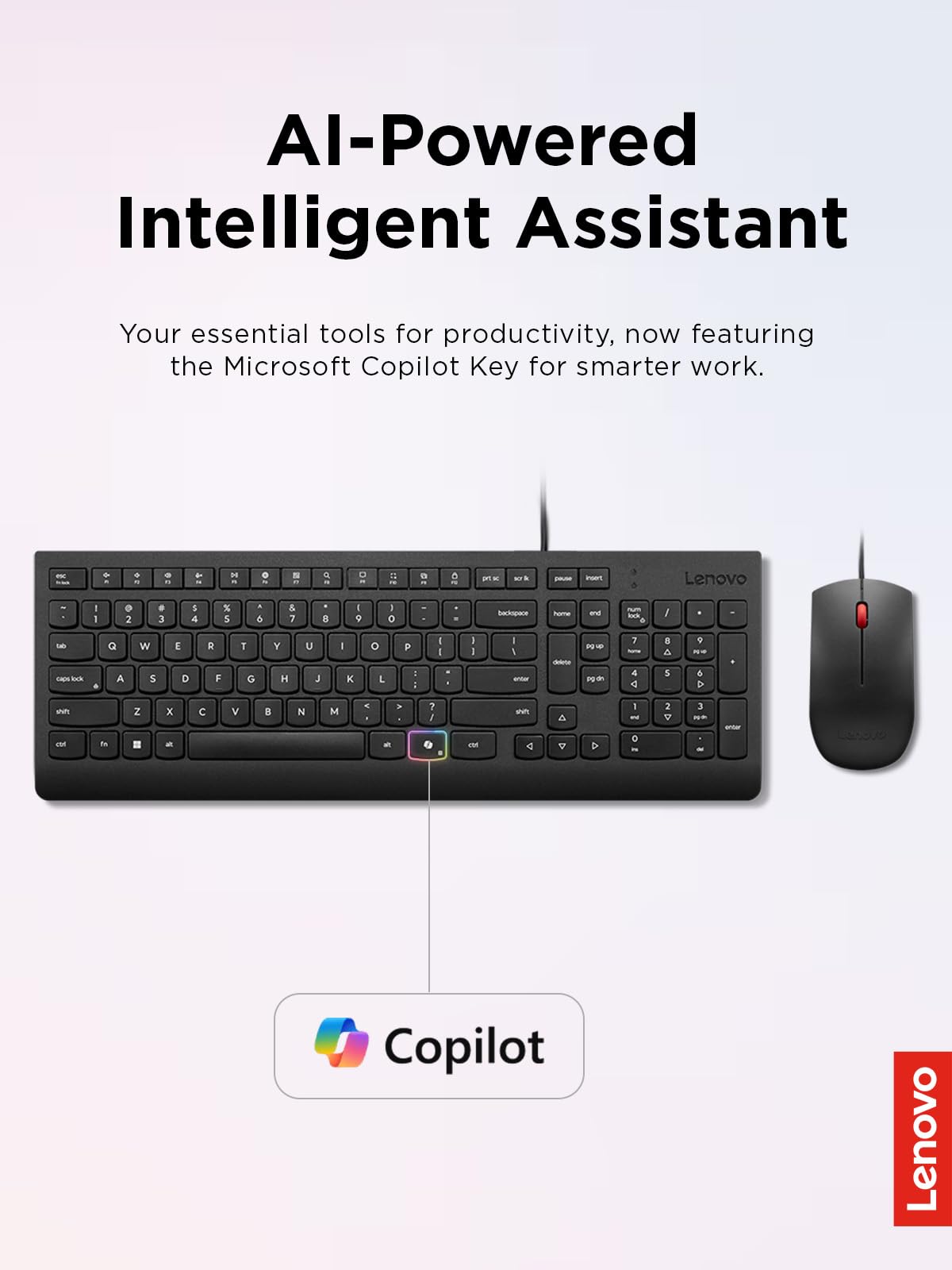 Lenovo Essential Wired Keyboard & Mouse Combo - US English, Adjustable Feet, Spill Resistant Keys, Full Size Ambidextrous Optical Mouse, 1600 DPI