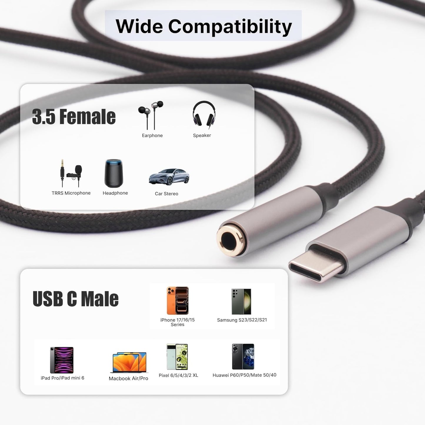 2 Pack 1M USB C to Headphone Jack Adapter,USB-c to 3.5mm Headphone Jack Adapter Cable,Compatible with Phone 17 Pro Max/16/15,Samsung Galaxy S25