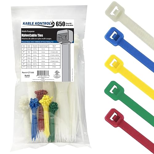 Kable Kontrol Zip Ties Assorted Sizes 650 Pcs Variety Pack Kit, 4+8+11 Inch Zipties Multi Pack Cable Tie Wraps, UV Resistant Nylon Wire Ties,