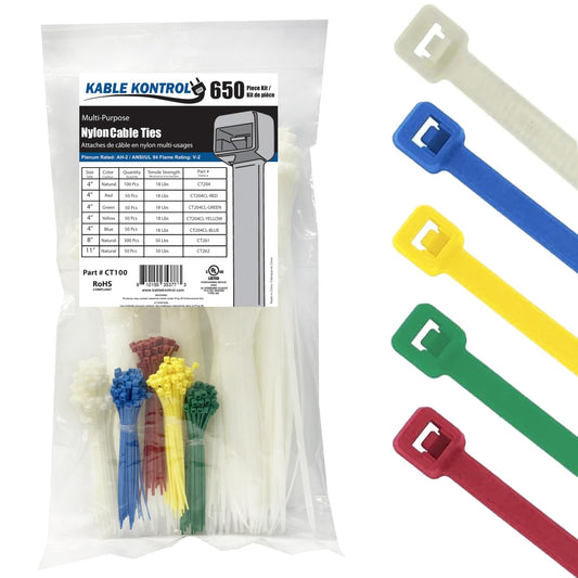 Kable Kontrol Zip Ties Assorted Sizes 650 Pcs Variety Pack Kit, 4+8+11 Inch Zipties Multi Pack Cable Tie Wraps, UV Resistant Nylon Wire Ties,