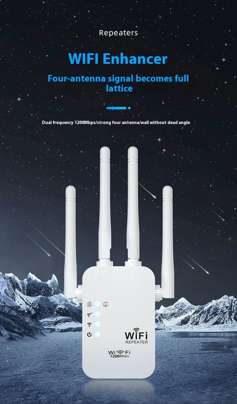 Wireless WiFi Signal Booster Amplifier, 1200Mbps Four-Antenna Repeater, Suitable for Home and Office WiFi Through-Wall Wireless Internet Network
